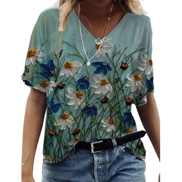 Independent Station Floral Print Pullover V neck Short Sleeve T shirt 7K 010 - Shop at LoveMi