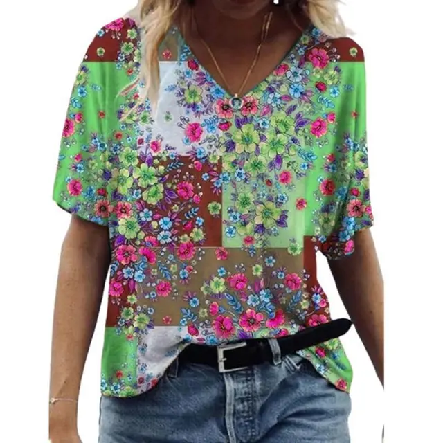 Independent Station Floral Print Pullover V neck Short Sleeve T shirt 7K 03 - Shop at LoveMi
