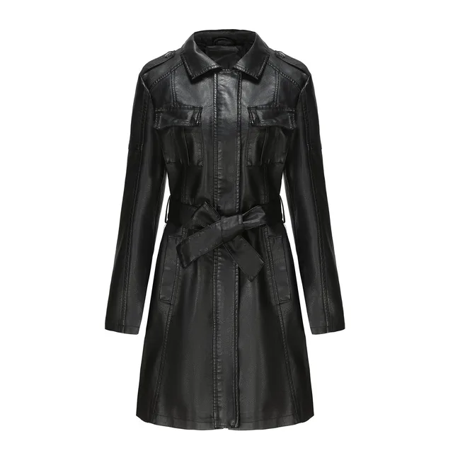 New European And American style Mid length Leather Coat With Belt Fashion British Coat For Women Black - Shop at LoveMi