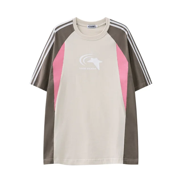 Color Matching Casual Sports Short Sleeve Apricot - Shop at LoveMi