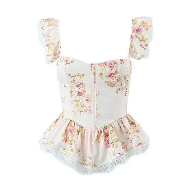 Summer Women's French Print Lace Lace Spaghetti strap Top Pink Floral - Shop at LoveMi