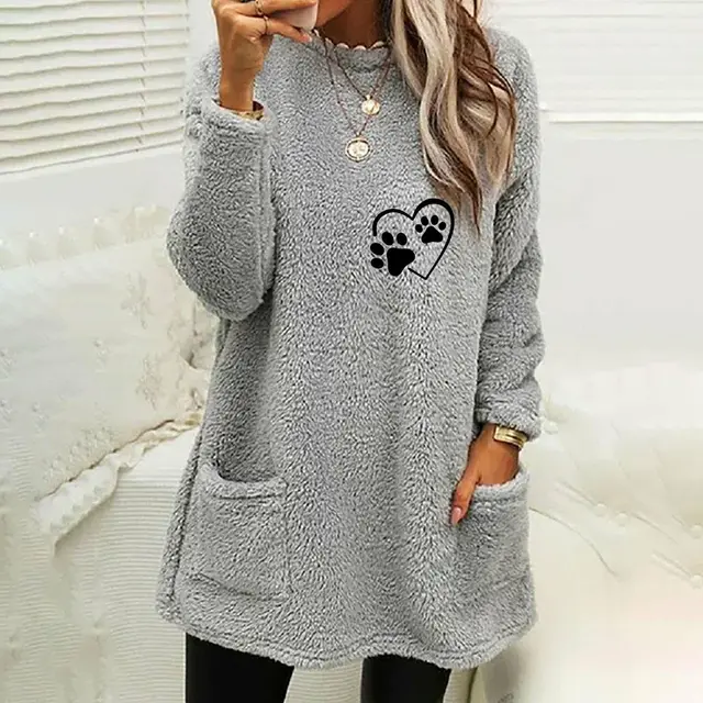 Autumn Women's Loose Long Sleeve Love Footprints Print Double sided Velvet Sweatshirt Gray - Shop at LoveMi