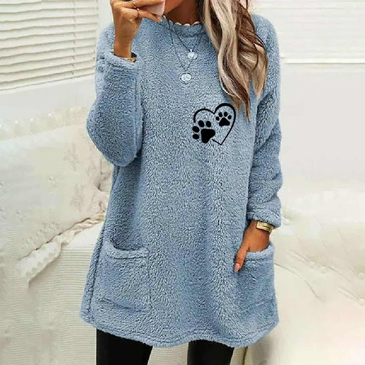 Autumn Women's Loose Long Sleeve Love Footprints Print Double-sided Velvet Sweatshirt - Light Blue