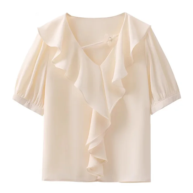 Women's French Ruffled Puff Sleeve Short Sleeve Top Apricot - Shop at LoveMi
