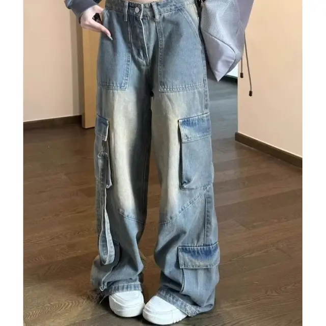 Female American High Street Vibe Cargo Jeans Blue - Shop at LoveMi