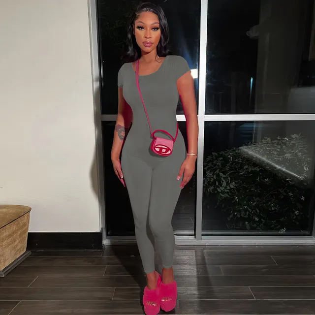 Women's Casual Round Neck Solid Color Short Sleeve Backless Skinny Hip Raise Personality One piece Trousers Gray - Shop at LoveMi