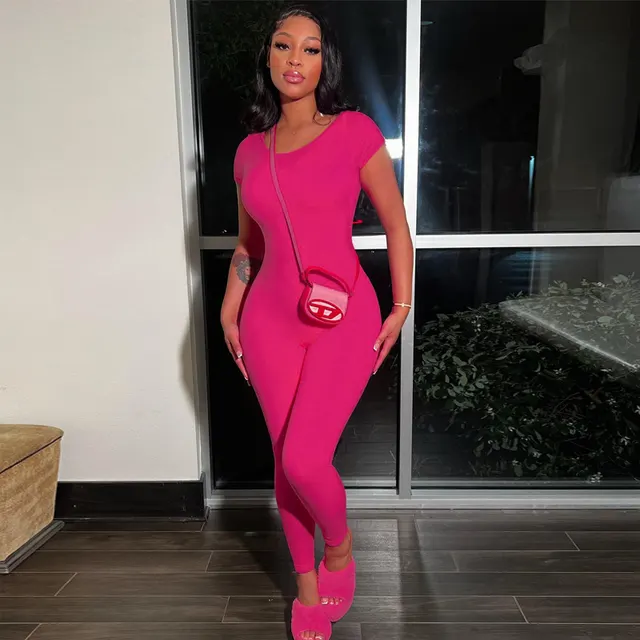 Women's Casual Round Neck Solid Color Short Sleeve Backless Skinny Hip Raise Personality One piece Trousers Rose Red - Shop at LoveMi