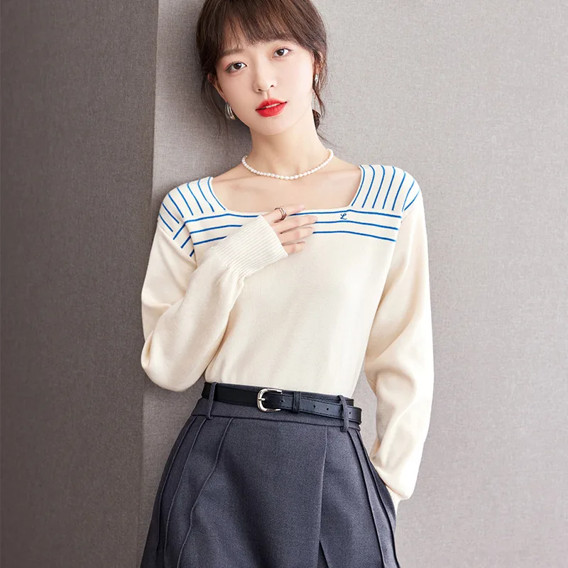 French Sailor Blue Striped Square Collar Sweater Retro Navy Style Apricot - Shop at LoveMi