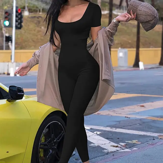 Tight Short Sleeve Rompers Slim Fit Hip Raise Trousers Fashion Casual Jumpsuit Black - Shop at LoveMi
