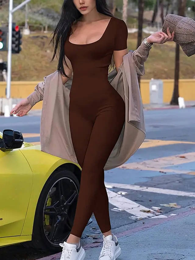 Tight Short Sleeve Rompers Slim Fit Hip Raise Trousers Fashion Casual Jumpsuit Brown - Shop at LoveMi