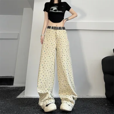 Vintage Floral High Waist Loose And Slimming Wide Leg Straight Jeans Beige - Shop at LoveMi