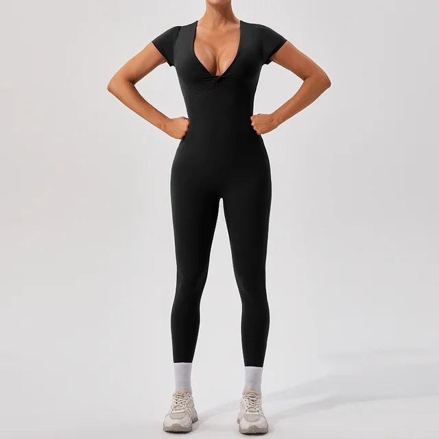 European And American Sexy Nude Feel Short Sleeve Yoga Jumpsuit Black - Shop at LoveMi