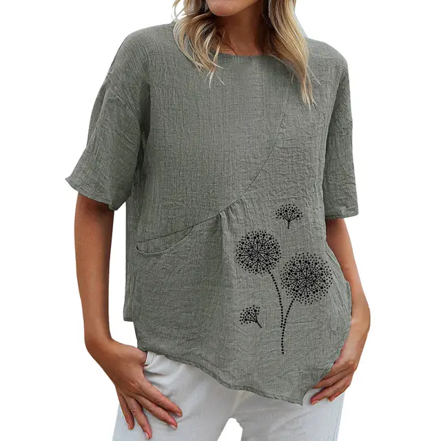Dandelion Printed Pocket Retro Collapsed Short Sleeve Round Neck Shirt Gray - Shop at LoveMi
