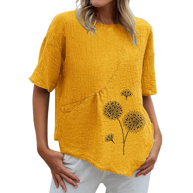 Dandelion Printed Pocket Retro Collapsed Short Sleeve Round Neck Shirt Yellow - Shop at LoveMi