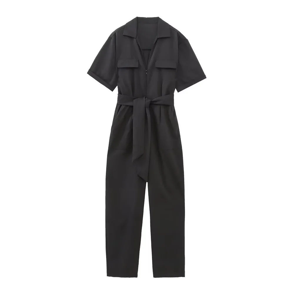 Spring New Women's Clothing With Belt Zipper And Lapel Short sleeved Jumpsuit Black - Shop at LoveMi