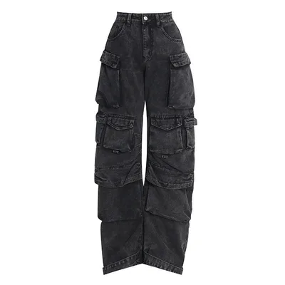 Women's Fashionable Wear And Wear Multi pocket Washed And Worn Wide leg Pants Black - Shop at LoveMi