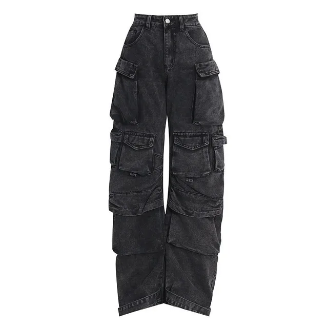 Women's Fashionable Wear And Wear Multi pocket Washed And Worn Wide leg Pants Black - Shop at LoveMi