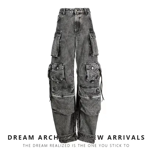 Women's Fashionable Wear And Wear Multi pocket Washed And Worn Wide leg Pants Gray 2 - Shop at LoveMi