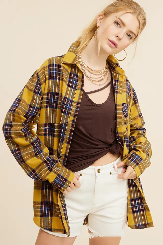 Spring And Autumn Women's Fashion Polo Collar Pocket Single breasted Plaid Shirt Yellow Plaid - Shop at LoveMi