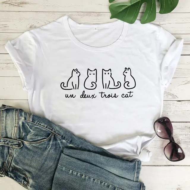 Linear Cat Pattern Printed Round Neck Short Sleeve T shirt White - Shop at LoveMi