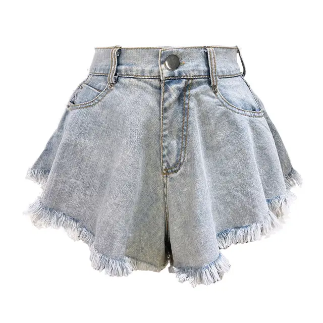 High Waist Loose fitting Tassel Denim Shorts For Women Light Blue - Shop at LoveMi