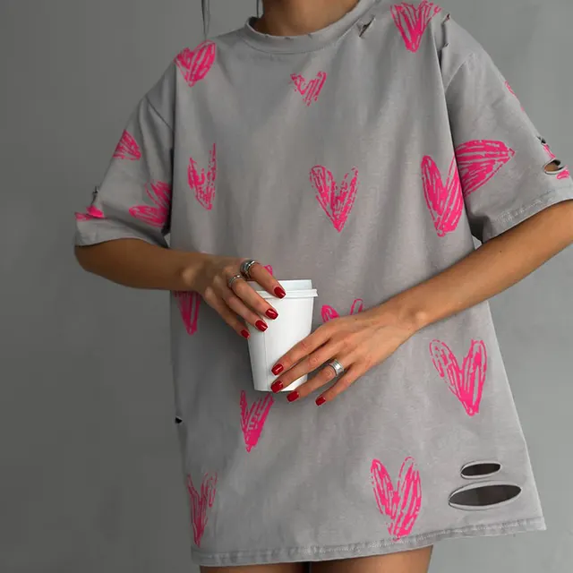 Heart Shape Printed Ripped Washed Short sleeved T shirt Gray - Shop at LoveMi