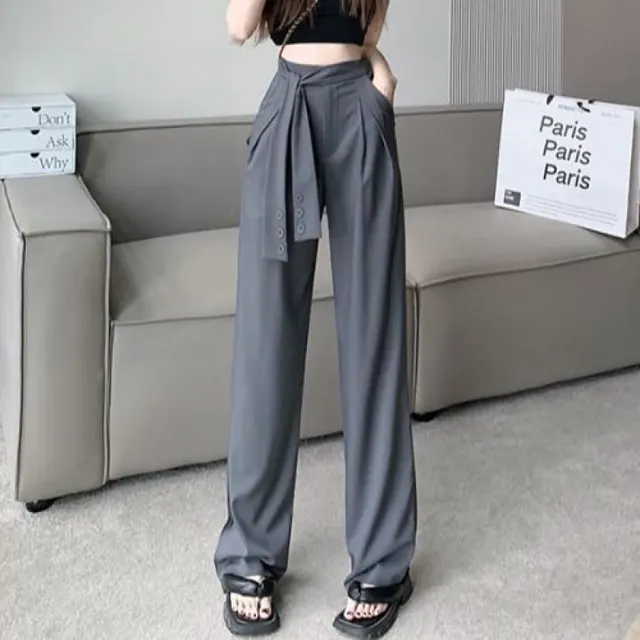 Design Gray Suit Pants For Women Lace up Drape Wide Leg Gray - Shop at LoveMi
