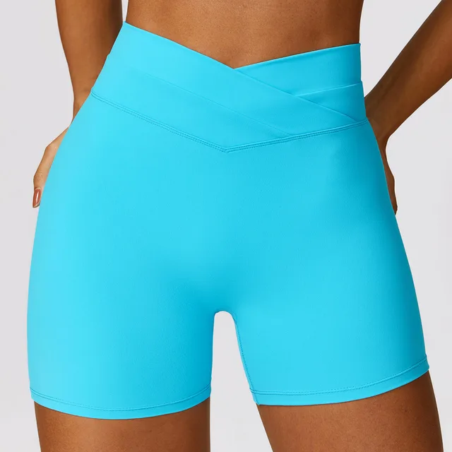 Skinny Hip Raise Yoga Shorts Brushed Cross High waisted Trousers Lake Blue - Shop at LoveMi