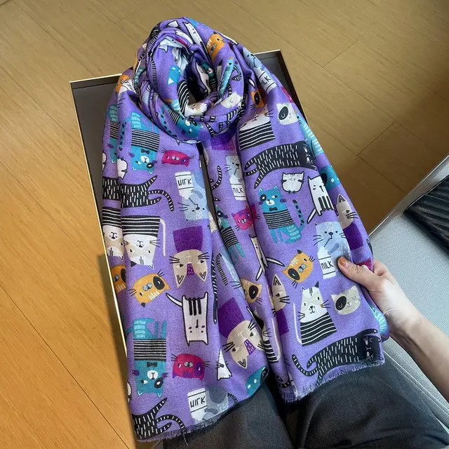 Cute Female Cat Picture Cotton And Linen Scarf Purple - Shop at LoveMi
