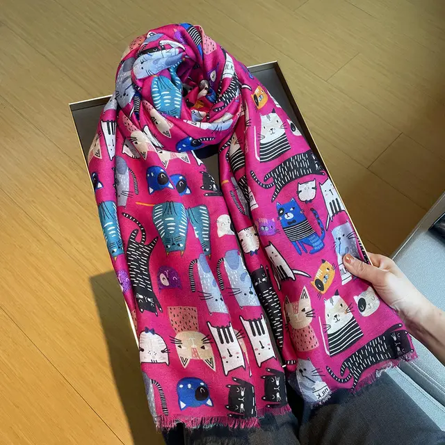 Cute Female Cat Picture Cotton And Linen Scarf Rose Red - Shop at LoveMi
