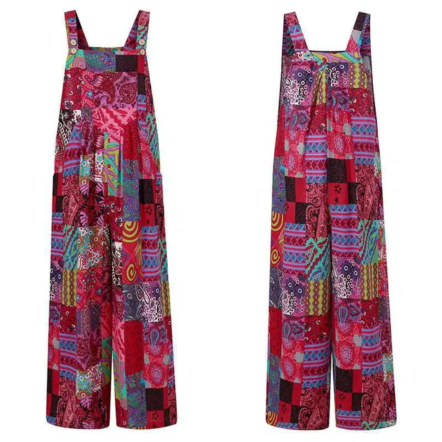 New Women's Ethnic Style Suspender Button Printing Jumpsuit Red - Shop at LoveMi