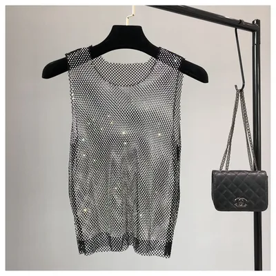 Rhinestone Mesh Waistcoat Women's Light Diamond Hollow Sleeveless Top Black - Shop at LoveMi