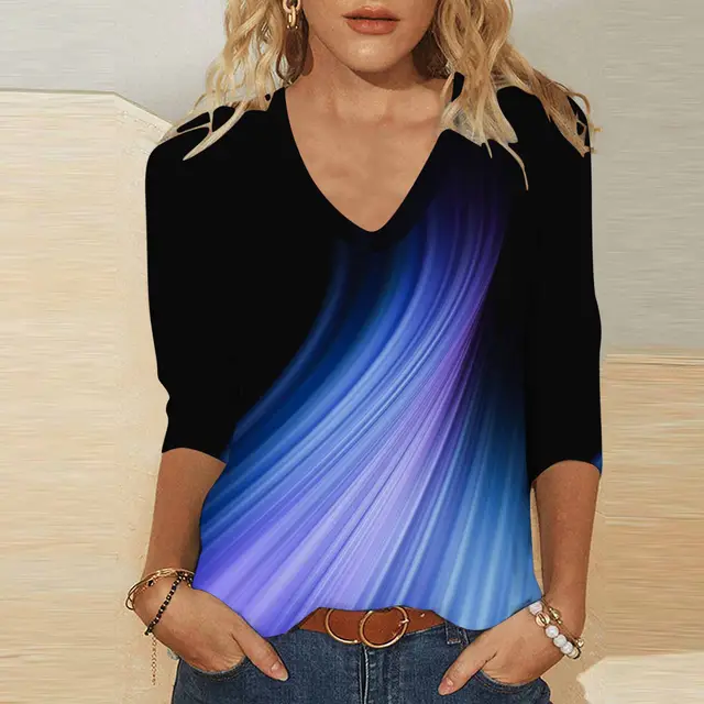 Digital Printing V neck 34 Sleeves V neck Casual Women's Top T shirt Vqfxch14451 - Shop at LoveMi