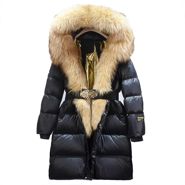 Extended Black Golden Lock Warm Real Fox Fur Big Fur Collar Duck Down Down Jacket Black Bleached Gold Fur Collar - Shop at LoveMi