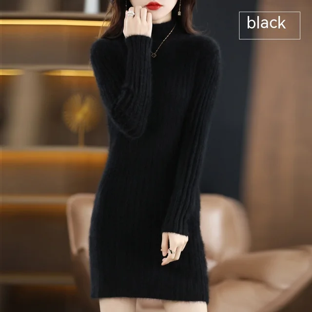 Autumn And Winter Artificial Mink Cashmere Sweater Women's Half Turtleneck Slim Fit Slimming Black - Shop at LoveMi