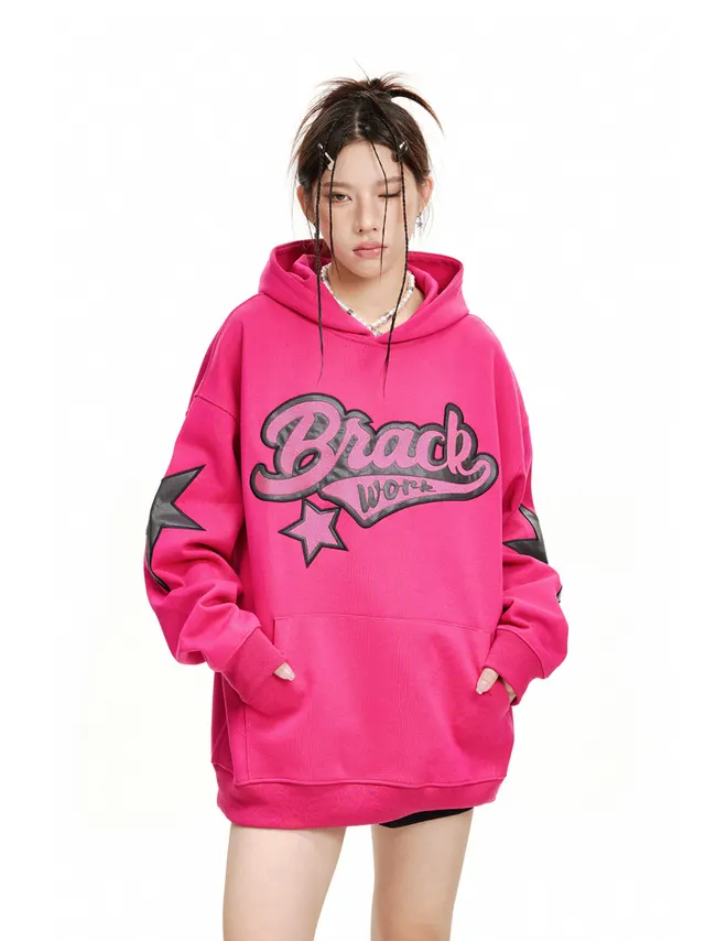 Design Sense Alphabet Embroidery Hooded Sweater Rose Red - Shop at LoveMi
