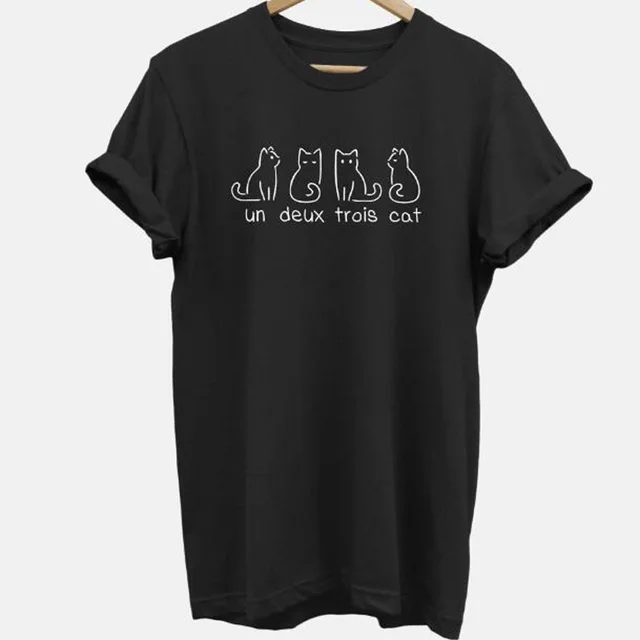 European And American One Pair Of Three Cats Digital Printing Casual Round Neck Short Sleeves Black - Shop at LoveMi