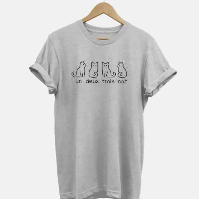 European And American One Pair Of Three Cats Digital Printing Casual Round Neck Short Sleeves Grey - Shop at LoveMi