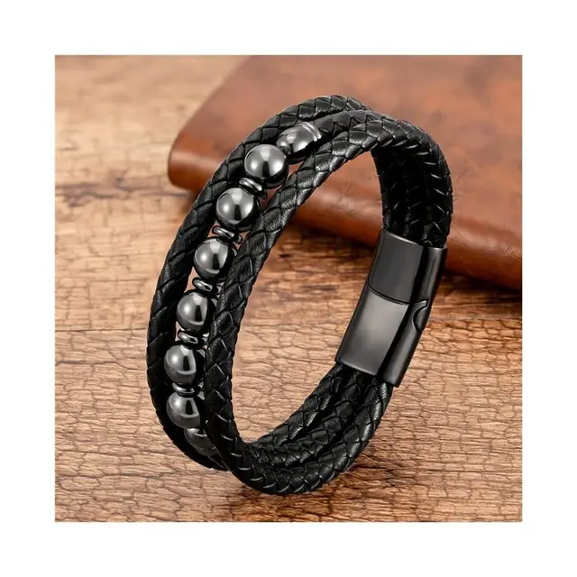 Men's Tigereye Bead Stainless Steel Magnetic Snap Bracelet Hematite Leather - Shop at LoveMi