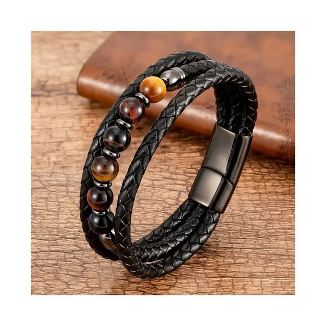 Men's Tigereye Bead Stainless Steel Magnetic Snap Bracelet Yellow Tiger Eyes Leather - Shop at LoveMi