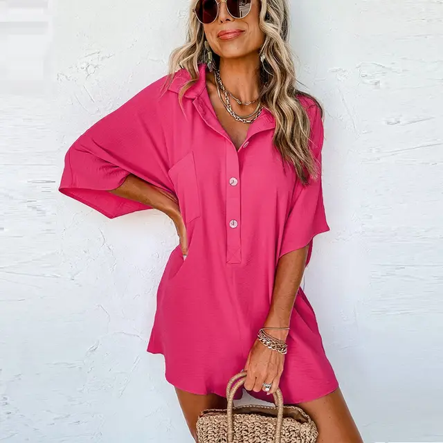 Solid Color Short sleeved Jumpsuit Loose Casual Multi pocket Rose Red - Shop at LoveMi