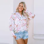 Color Stitching Turnover Neck Shirt Loose Abstract Printing - Color