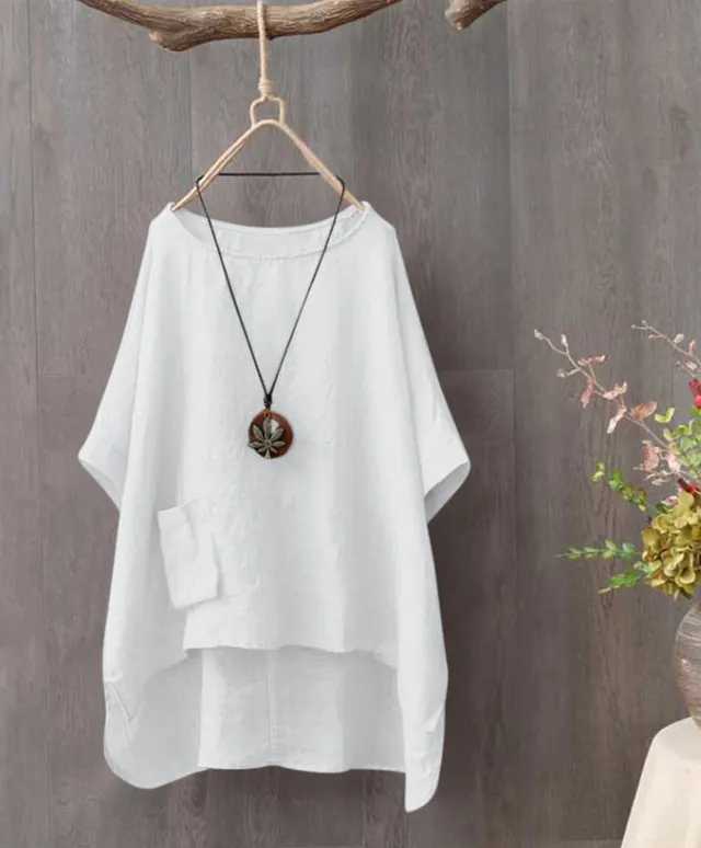 Summer Fashion Plus Size Round Neck Pocket Solid Color Irregular T shirt Women Blouse White - Shop at LoveMi