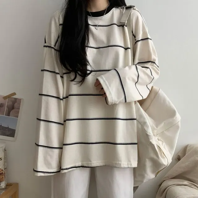 Cotton like Striped Long sleeved T shirt Striped Beige - Shop at LoveMi