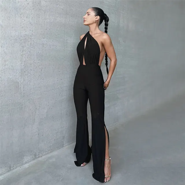 European And American Fall Women's Clothing Halter Cut out Backless Slim Fit Skinny Jumpsuit Black - Shop at LoveMi
