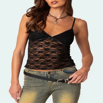 Women's Short Lace Spaghetti strap Camisole Top Black - Shop at LoveMi