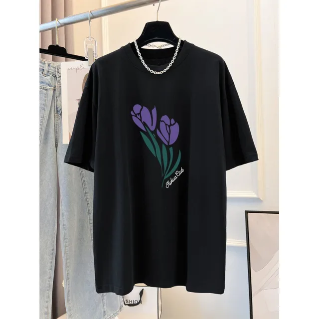Combed Cotton Printed Summer Clothing Short Sleeve T shirt Women's Loose Korean Style Black - Shop at LoveMi