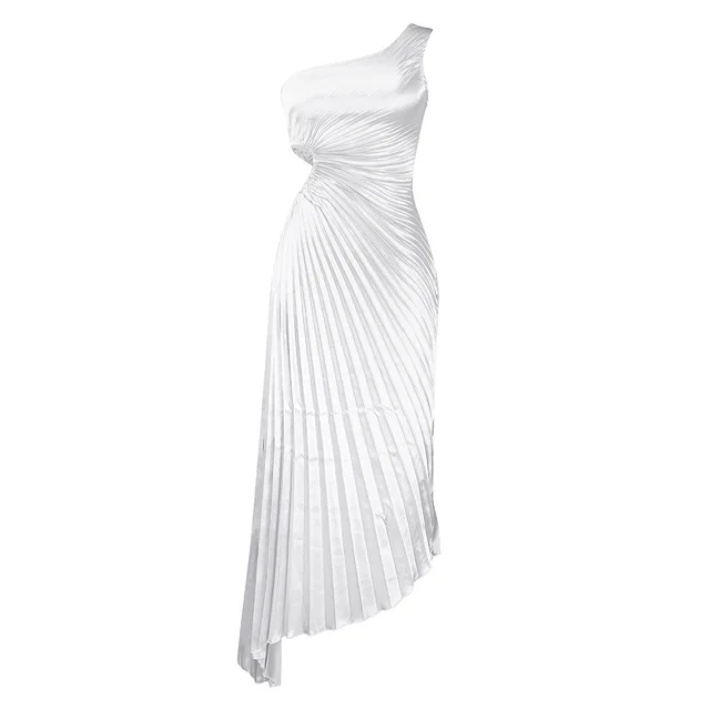 Women's Shoulder Diagonal Collar Pleated Hollow Irregular Dress White - Shop at LoveMi