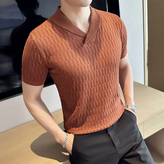 Hollow Lapel Pullover Short sleeved Clothes Yellow Brown - Shop at LoveMi