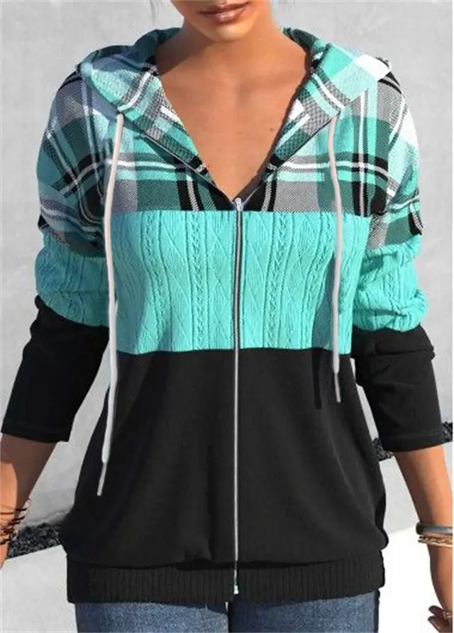 Women's Zipper Cardigan Hooded Plaid Printed Sweater Green - Shop at LoveMi